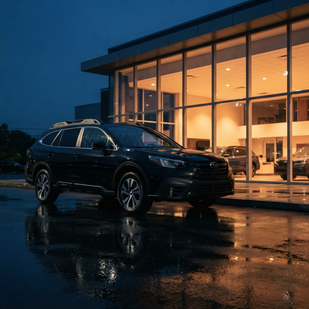 Black Subaru SUV parked outside a glowing Subaru of Utica dealership at dusk